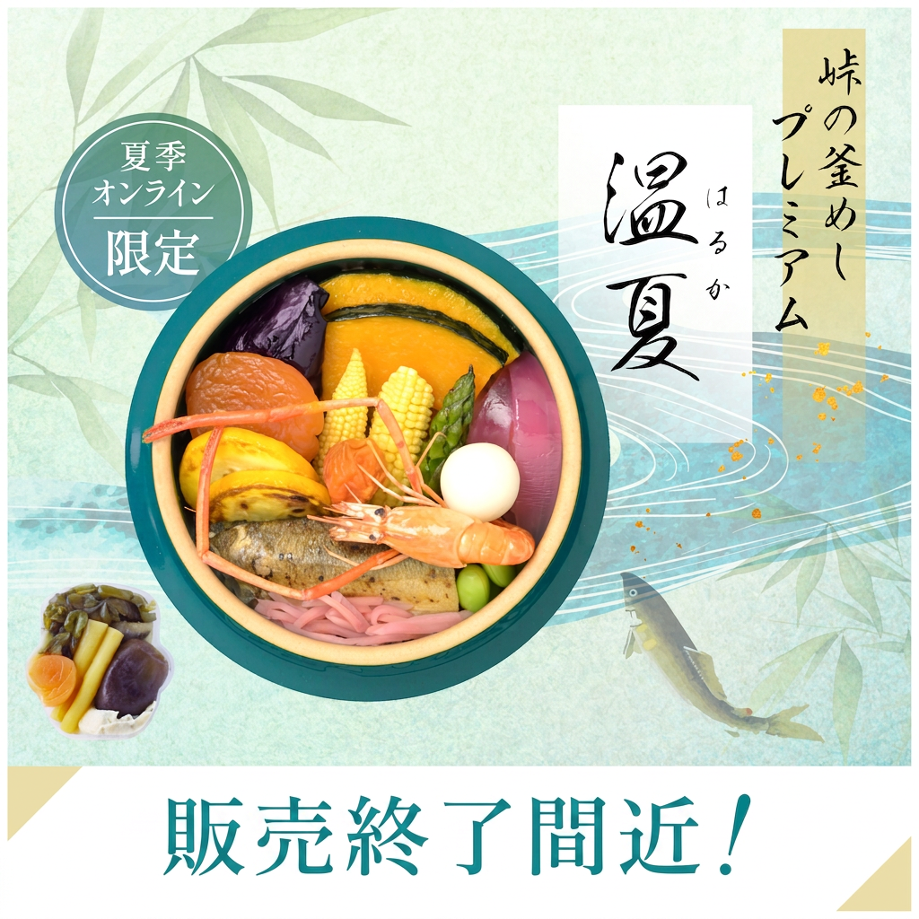 【販売終了間近！！】峠の釜めしプレミアム 温夏（はるか）| 国産鮎と旬の夏野菜・13種の具材 夏季限定2,500円 オンラインショップ限定・冷蔵便 | 荻野屋